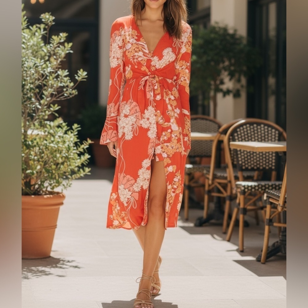 Free People Orange Midi Tie Back Dress Resort Boho Retro Style Floral dress S - Picture 11 of 11